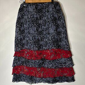 Indira SZ M Navy & Red Silky Midi Skirt Boho Western Country Cottage Festival